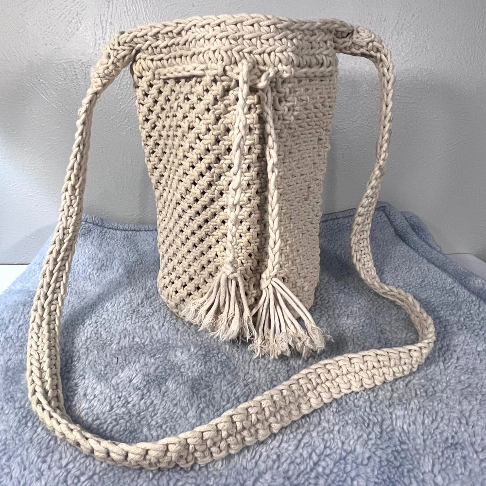 Crochet‎ Bucket Barrel Purse Cream Drawstring Boho Gypsy Coastal Oat Bag